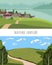 Set of Vector panoramic illustration of beautiful fields landscape, green hills, village surrounded by mountains and the sea.