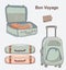 Set of vector pictures of different types of luggage for travel. A suitcase on wheels, lies and opened with things, a