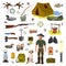 A set of vector pictures on the topic of hunting. Hunter with a dog and a gun, accessories of a hunter and a fisherman.