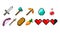 Set of vector pixel objects. Objects for a pixel game. Vector illustration. Potion bottles, diamond, sword, torch, food