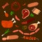 Set vector sausage and meats. sliced sausage on brown background vector collection.