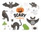 Set of vector scary creatures. Halloween characters icons collection. Cute autumn all saints eve illustration with bat, pumpkin,