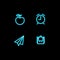 Set of vector school theme neon blue icons. Student collection of glowing pictogram apple, alarm, plane and backpack isolated on