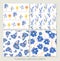 Set of vector seamless patterns. Watercolor iris, leaves, butter