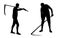 Set of vector silhouettes of a man with scythe cutting grass.