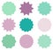 Set of vector starburst symbols in teal, mint and violet colors. Sunburst empty labels or stickers for shop sales tags and graphic