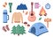 Set of vector stickers for camping. Isolated on a white background.