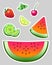 Set of vector stickers - fruits. Bright juicy fruits - Watermelon, lime, lemon, cherry and strawberry. And also mint leaves.