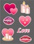 Set of vector stickers about love and romance for Valentine`s Day. Stickers with hearts, romantic candles and lipstick prints. Pic