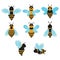 Set of vector stylized bees. Collection of logos with a honey bee. Icons with insects. Art.