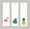 Set of vector summer vertical layout card templates with tropical animals, plants, flowers, fruit. Funny exotic pre-made bookmark
