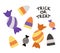 Set of vector sweets for trick or treat game. Traditional Halloween party food. Scary caramel candy collection. Stripy purple and
