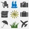 Set of vector travel icons. Icons vacation, suitcase, umbrella a