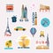 Set of vector travelling stickers. Stickers and elements set with landmarks of the world