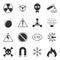 Set of vector warning icons on a white background, contain danger signs, toxicity, explosivity and others.