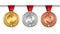 Set of vector winner medals golden silver bronze for champions with red ribbon, signs of first, second and third place, isolated