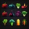 Set of vegetable icon for game on black background. AI