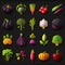 Set of vegetable icon for game on black background. AI