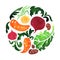 Set of vegetables in circle, carrot, beet, potato, salad leaf. Organic food, healthy vegetarian food concept. Banner