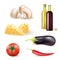 Set of vegetables and food ingredients and wine bottles