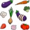 Set of vegetables, sticker style. Set contains onion broccoli tomato garlic eggplant cabbage carrot cauliflower sliced