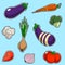 Set of vegetables, sticker style. Set contains onion broccoli tomato garlic eggplant cabbage carrot cauliflower sliced