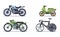 Set of vehicles. Motorcycles of different models, bicycle and motor scooter, mountain bike and delivery moped speed race