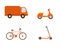 Set of vehicles. Transportation for delivery. A retro vintage motorbike, a delivery truck, ecological bicycle and