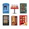 Set vending machines full of products, dispensers collection with water candy cigarettes snacks coffee hot food isolated