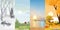 Set Vertical banner landscape natural backgrounds of four seasons. Winter wonderland, Rainy on Spring,Hot sunny day on summer,