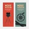 Set of vertical banner templates with old camera on tripod, film reel and place for text. Colorful flat vector