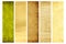 Set of vertical or horizontal banners with old paper texture and retro patterns with strips. Vintage backgrounds with grunge paper