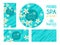 Set of vertical, horizontal and circle templates with white neroli orange flowers, cyan waterflow and bubbles on background