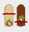 Set of vertical labels with hazelnuts and red ribbon (des