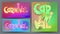 Set of very bright colored cards with radial halftone effect background and holographic colours.