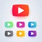 Set of video play button icon with different colors. Vector web element.