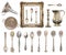 Set of vintage beautiful items. Silverware, frame, kettle, funnel and more isolated on white background