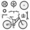 Set of vintage bike and bicycle equipment elements in monochrome style.