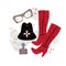 Set vintage fashion accessories, red boots, black hat, perfume and glasses