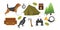 Set of vintage hunting symbols camping objects design elements flat style hunter weapons and forest wild animals and