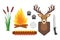 Set of vintage hunting symbols camping objects design elements flat style hunter weapons and forest wild animals and