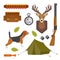 Set of vintage hunting symbols camping objects design elements flat style hunter weapons and forest wild animals and