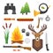 Set of vintage hunting symbols camping objects design elements flat style hunter weapons and forest wild animals and