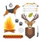 Set of vintage hunting symbols camping objects design elements flat style hunter weapons and forest wild animals and