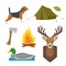 Set of vintage hunting symbols camping objects design elements flat style hunter weapons and forest wild animals and