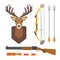 Set of vintage hunting symbols camping objects design elements flat style hunter weapons and forest wild animals and