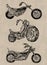 Set of Vintage motorcycles. Collection of bicycles. Extreme Biker Transport. Retro Old Style. Hand drawn Engraved