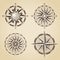 Set of vintage old antique nautical compass roses. Vector signs