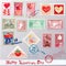 Set of vintage post stamps with hearts for Valenti