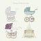 Set of vintage prams on floral background in light colors.